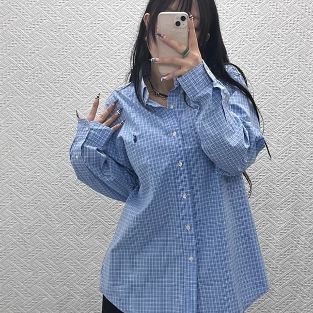 폴로 랄프로렌 빈티지 레트로 라이트 블루 체크 셔츠 L C07747