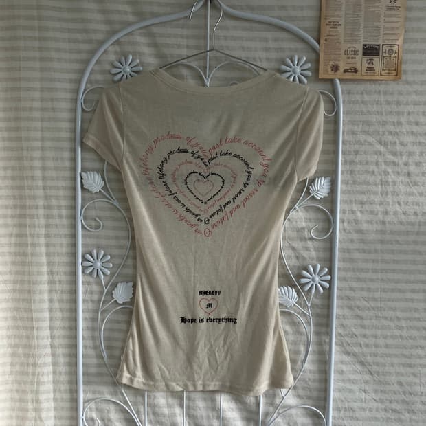 빈티지 하트 프린팅 아이보리 반팔 922 y2k 스트릿 모리 갸루 일본빈