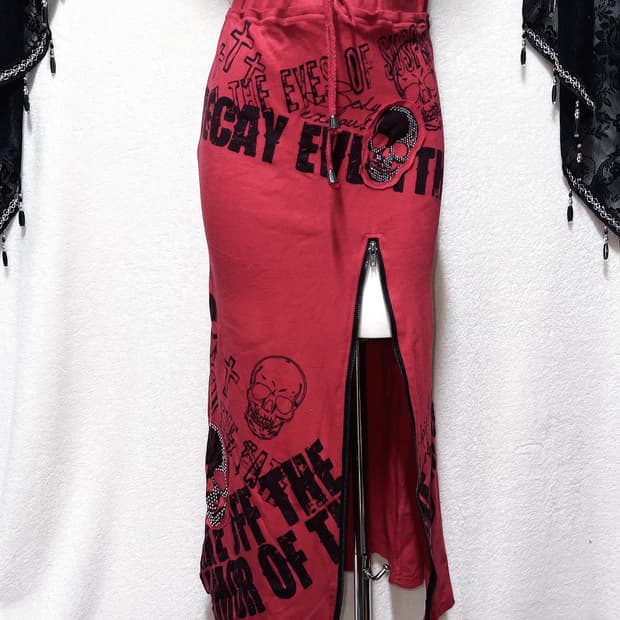 고스트오브할렘 y2k 와투케 고스펑크 스컬 프린팅 지퍼 맥시 롱스커트