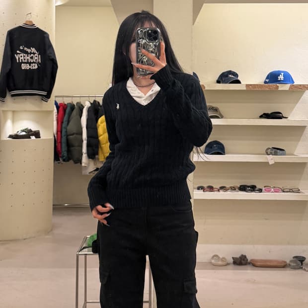 폴로 랄프로렌 네이비 케이블 브이넥 니트 U1028