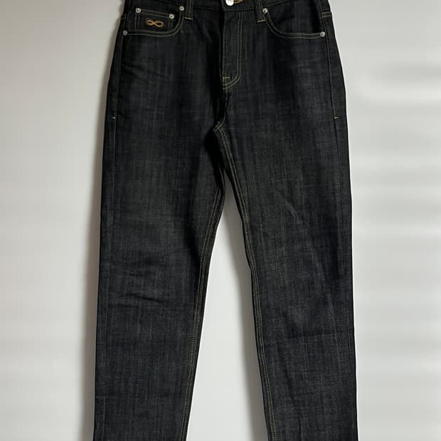 공용 플랙진 테이퍼드핏 흑청 생지 데님 팬츠 청바지 30