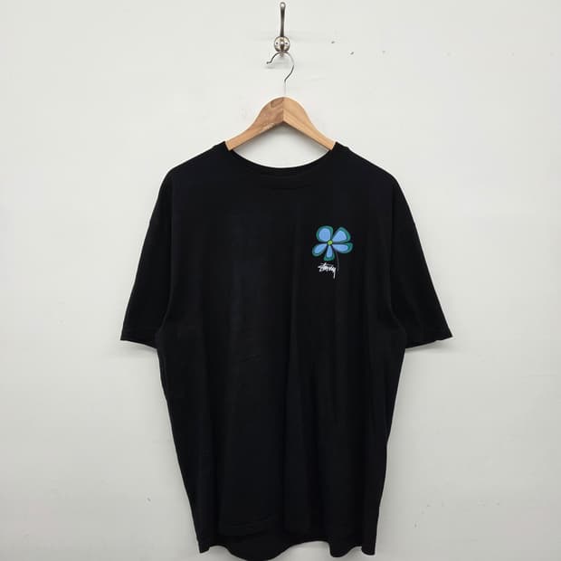 스투시 플라워 프린팅 반팔 블랙 티셔츠 남XL