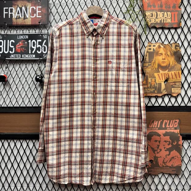 00s 랭글러 조지 스트레이트 체크 패턴 셔츠 전면 원포켓 포인트 레드