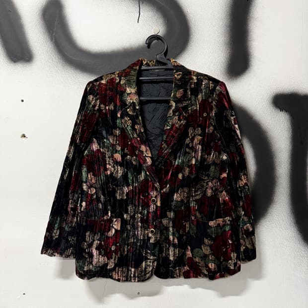 VTG 빈티지 플라워 자카드 패턴 벨벳 싱글 블레이저 자켓