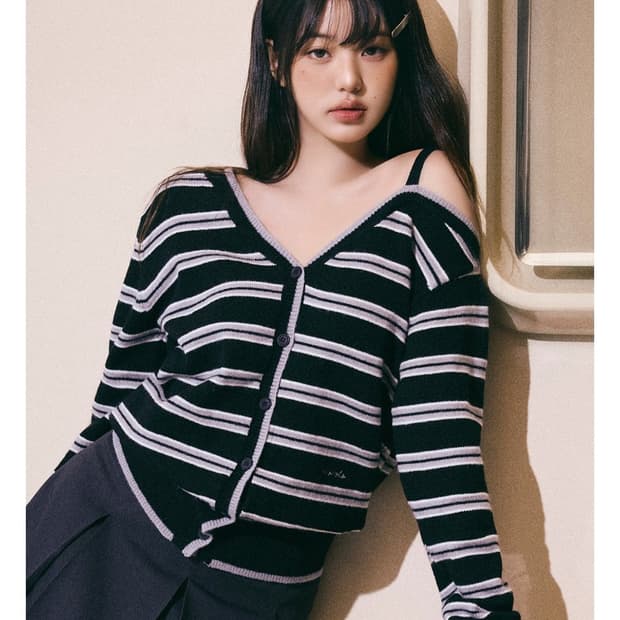 로라로라 원 오프숄더 스트라이프 울 가디건