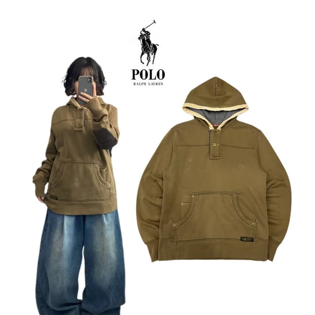 폴로 아노락 투버튼 엘보우 패치 브라운 후드티