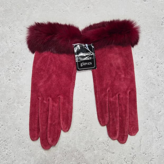 버건디 스웨이드 클래식 모피 가죽 장갑 