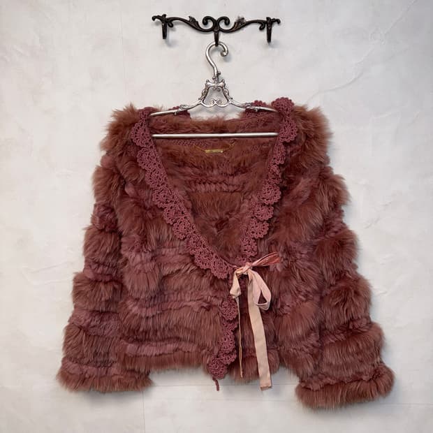 Rose pink rabbit&fox fur crochet wrap jk