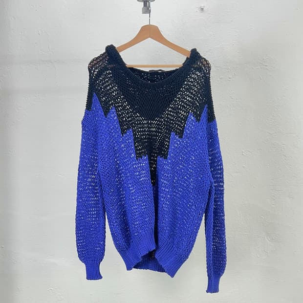 알렉산더 왕 블랙 앤 블루 컬러 블록 청키 후디 니트 스웨터