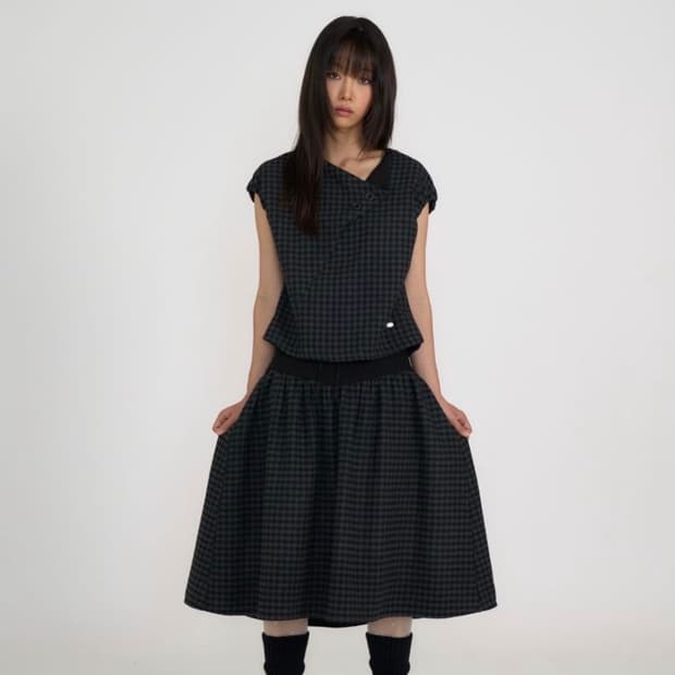 온스카 튤립 칼라 퍼프 블라우스 스커트 셋업