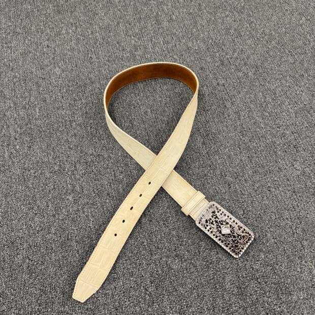 Vintage 버클 악어가죽 패턴 화이트 가죽 벨트