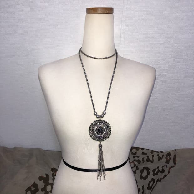 빈티지 태슬 드롭 원형 펜던트 실버 롱목걸이 오리엔탈 페어리