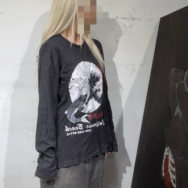 JPN 일본 빈티지 파도 오리엔탈 프린팅 롤슬리브 긴팔티 LL