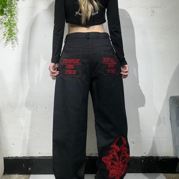 일본 빈티지 블랙 레드 자수 힙합 와이드 팬츠 바지 XL