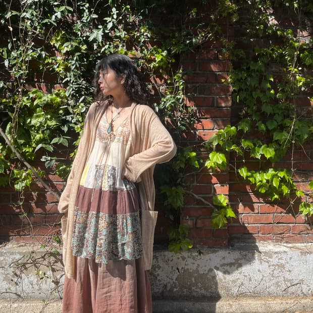 오트밀 베이지 니트 그물 가디건