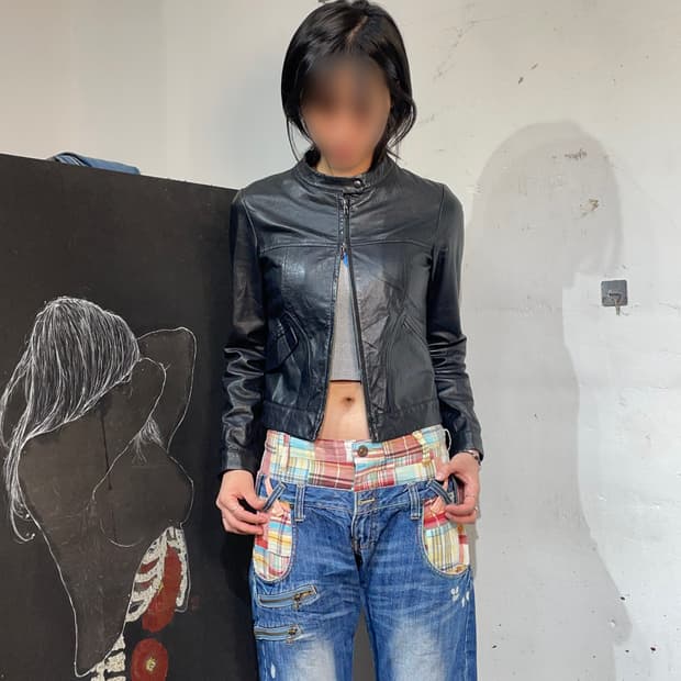 미쉘클랑 램스킨 차이나카라 크롭 가죽 자켓 38