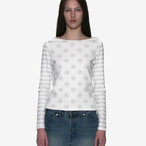 파르티멘토 우먼 도트 스트라이프 올오버 프린티드 롱슬리브 티