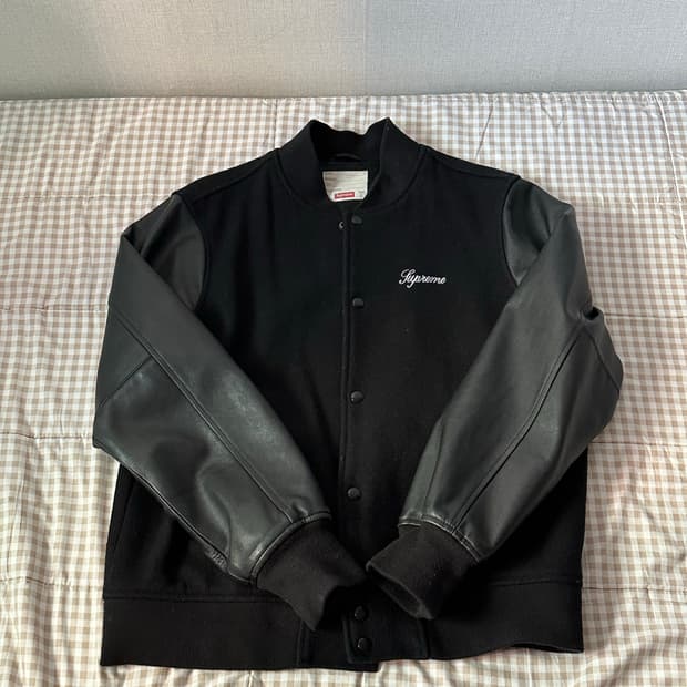 L사이즈 슈프림 리얼 레더 슬리브 TEAM 바시티 자켓 블랫