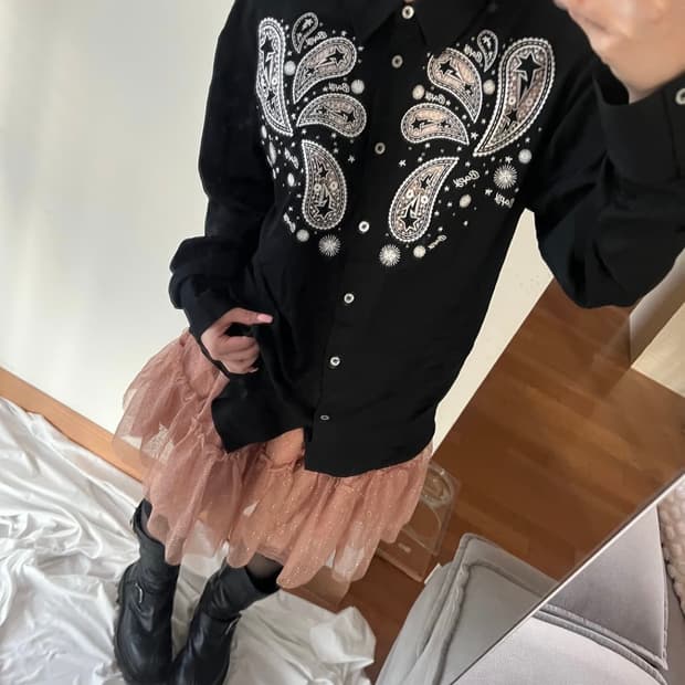 베이프 스타 자수 페이즐리 스터드 큐빅 오버사이즈 셔츠