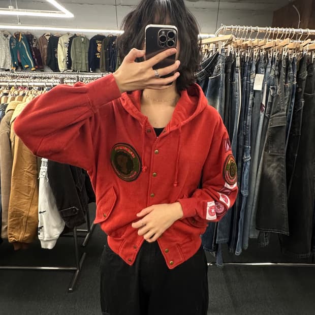 OS)Pink House 빈티지 패치 버건디 후드 자켓