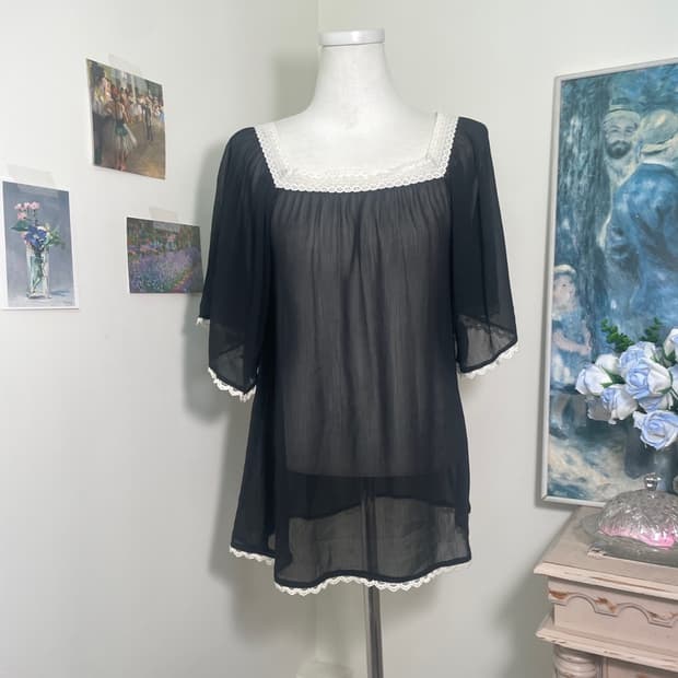 black lace trim chiffon summer blouse