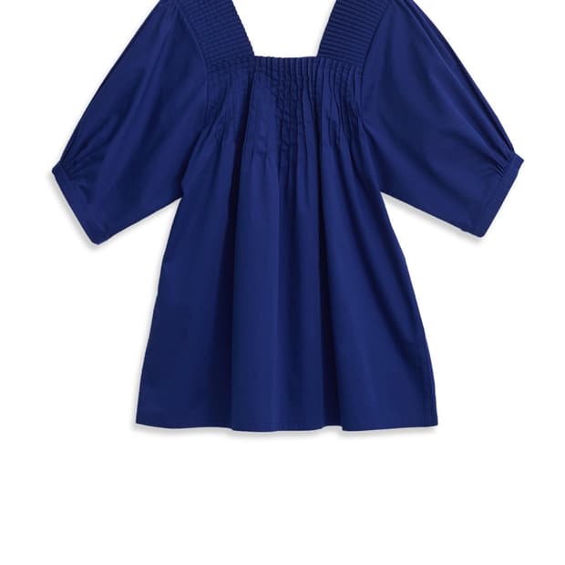 코스모스 플리츠 넥 하프슬리브 블라우스