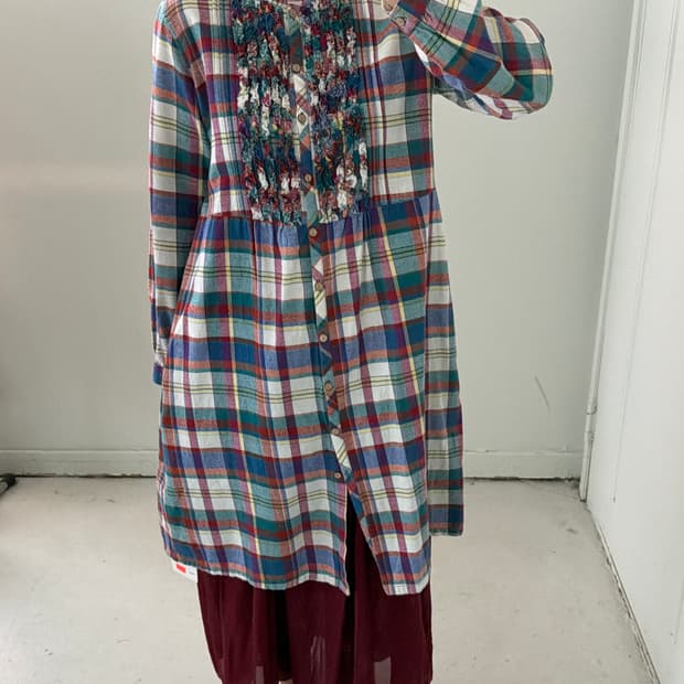 일본빈티지 하구미 체크 레이스 셔츠원피스