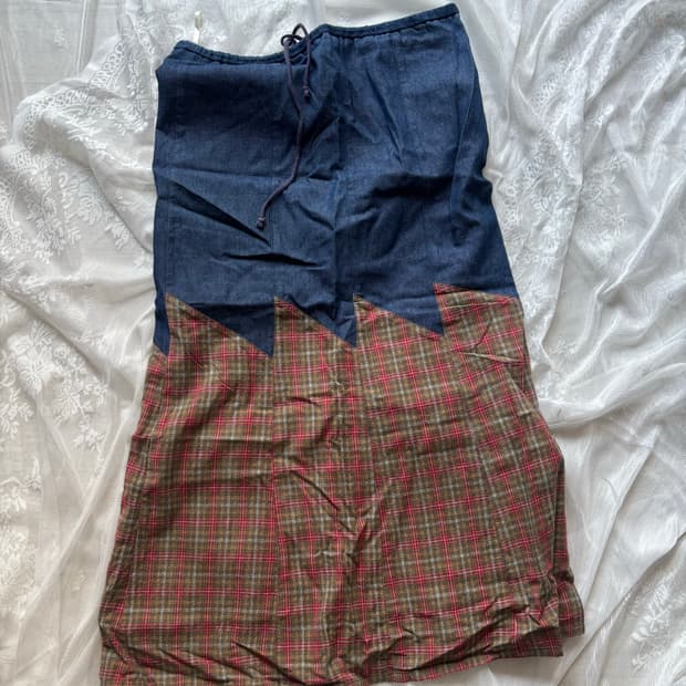 빈티지 데님 체크 롱스커트