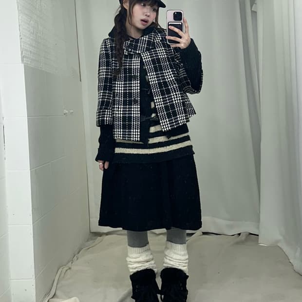 블랙 니혼진 데일리 펑크 체크코트 코디세트