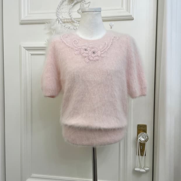 baby pink flower embroidery angora half 