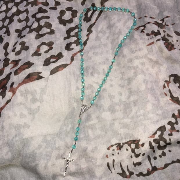 빈티지 에메랄드 실버 로사리오 묵주 십자가 목걸이