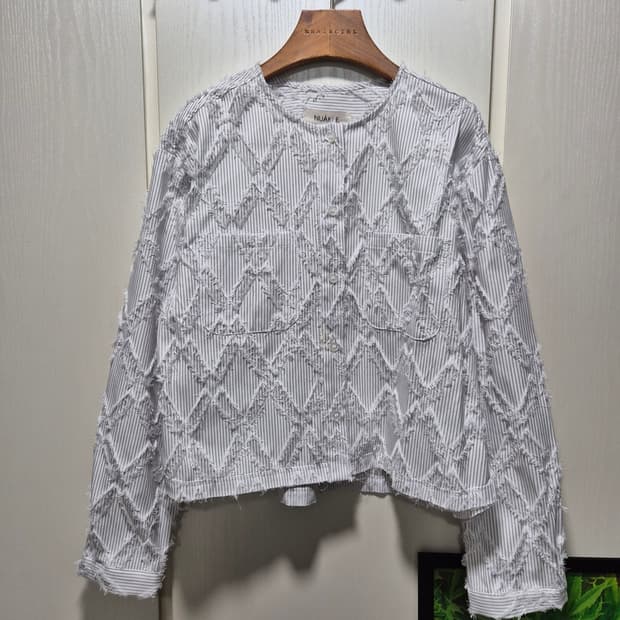 빈티지 봄여름 그레이 스트라이프 크롭 자켓