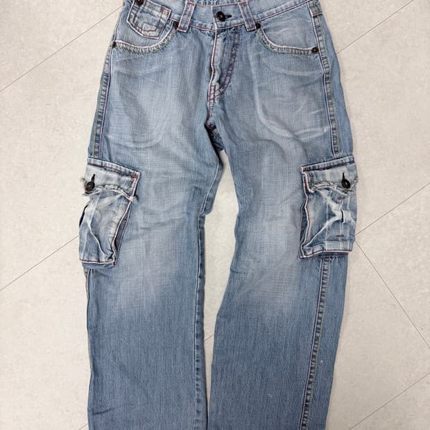 Kello jeans 핑크 스티치 워시드 연청 카고 팬츠