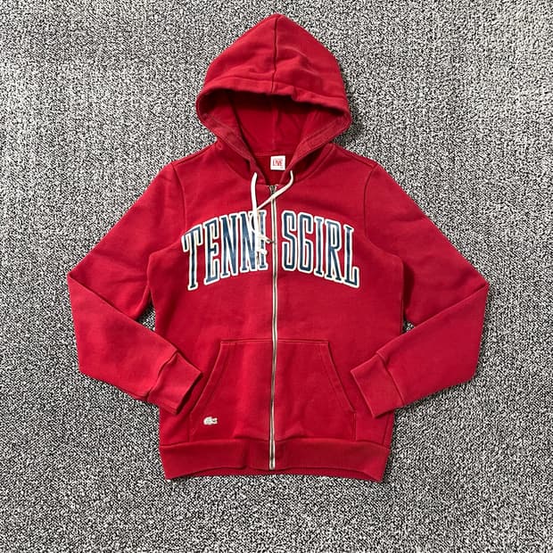 빈티지9. 라코스테 테니스걸 로고프린트 후드집업 후드 티셔츠 레드