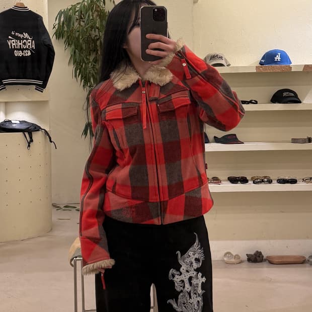 리바이스 체크 패턴 퍼 트리밍 집업 자켓 U508