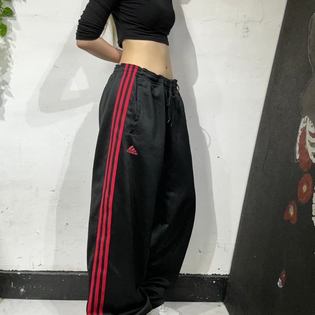 90s 아디다스 블랙 레드 삼선 와이드 추리닝 바지 트레이닝 팬츠 L