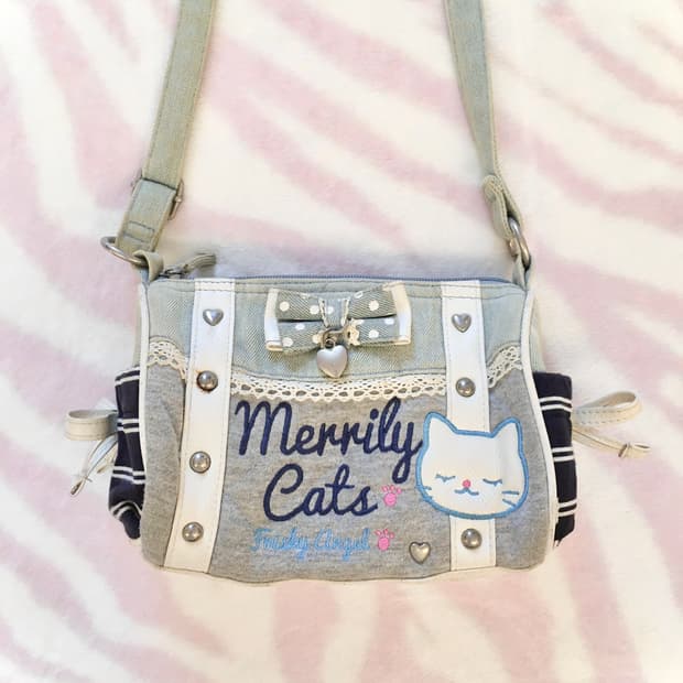 헤이세이 핀터레스트 도트리본 데님 고양이 크로스백 갸루 조지후쿠