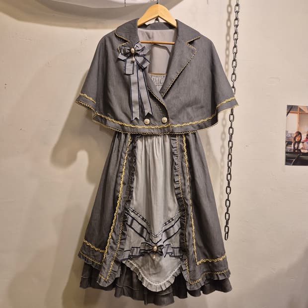 mcluster 리본 아일렛 진주 그레이 케이프 원피스