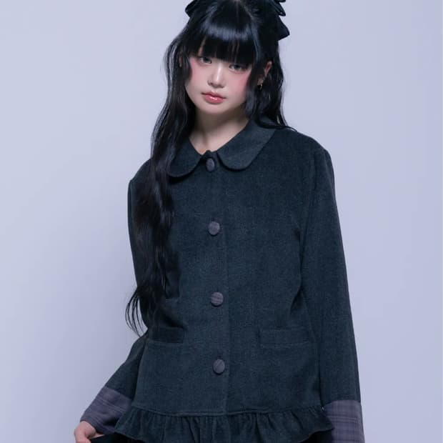 체크 포인트 라운드 카라 자켓 블랙 코이세이오