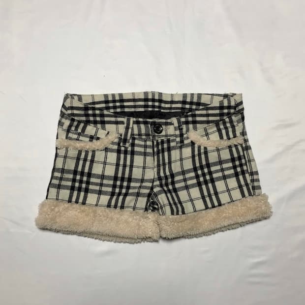 빈티지 니혼진 모리걸 체크 퍼 반바지 아이보리 블랙