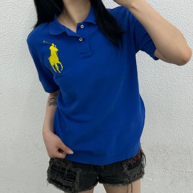 폴로 랄프로렌 옐로우 빅포니 블루 반팔 티 L