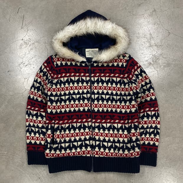 빈티지 노르딕 패턴 퍼 후드 니트 집업
