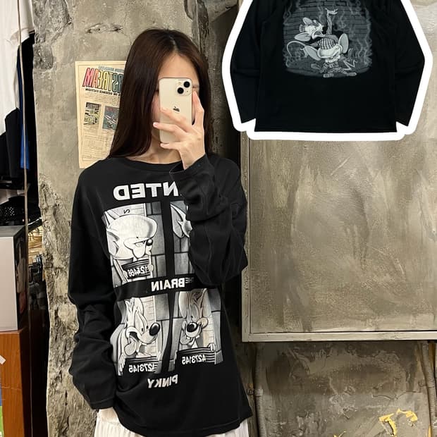 핑키와 브레인 프린팅 긴팔티 블랙 XL #csz859