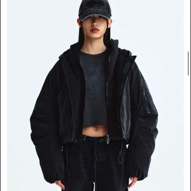 마뗑킴 레이어드 후디 봄버 다운 점퍼 차콜