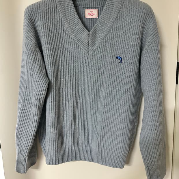 WAKEI 돌핀 자수 V넥 울니트 스카이블루 FREE