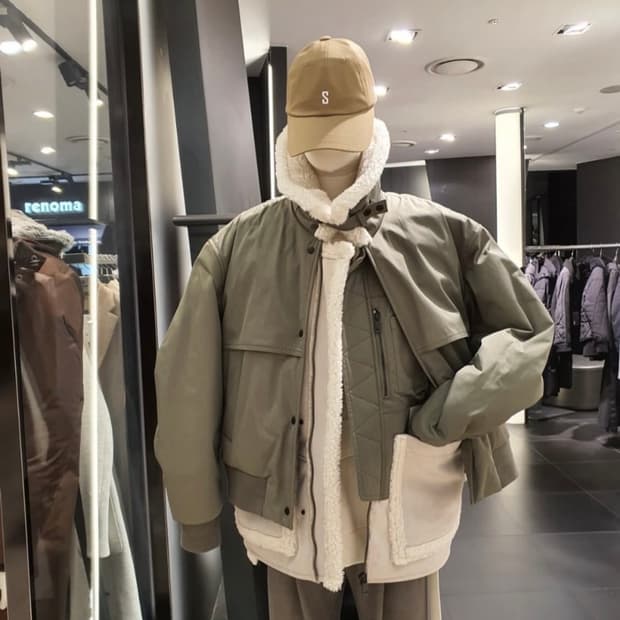 시스템 옴므 퍼블록 패딩 카키 100