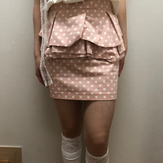 빈티지 핑크 도트 프릴 미니 스커트