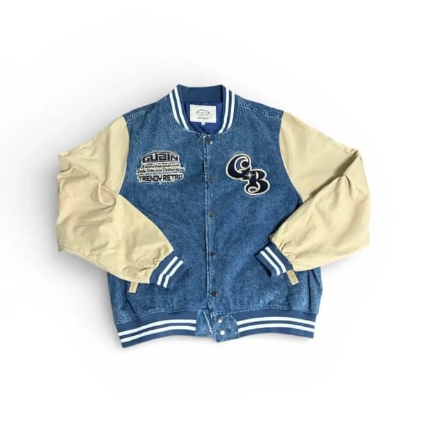 구빈 오버 패치 데님 바시티 자켓  베이지