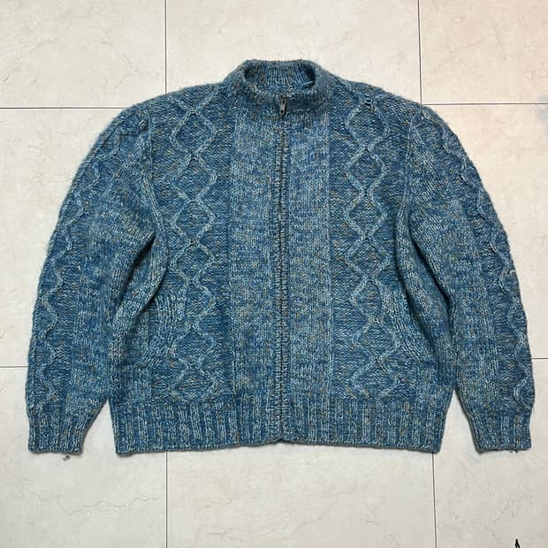 핸드 우븐 블루 울 니트집업 L