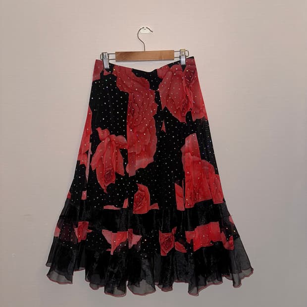 빈티지 로즈 글리터 프릴 미디스커트